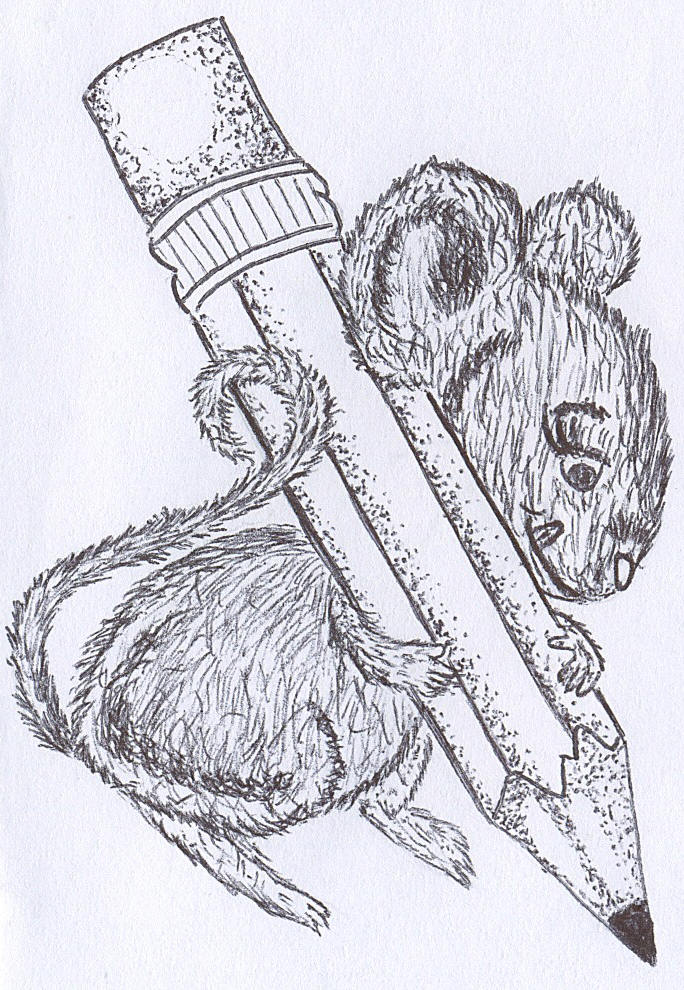 pencil drawing of cute mouse holding a pencil bigger than itself and writing on paper
